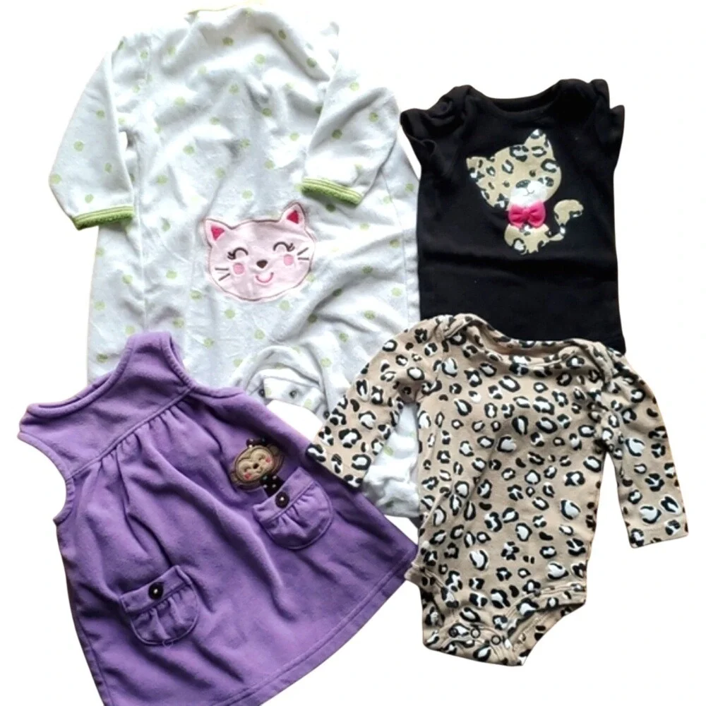 4‎ Piece Girls Animal Love- Cat footie, 2 Cheetah onesies, Monkey Jumper 6M